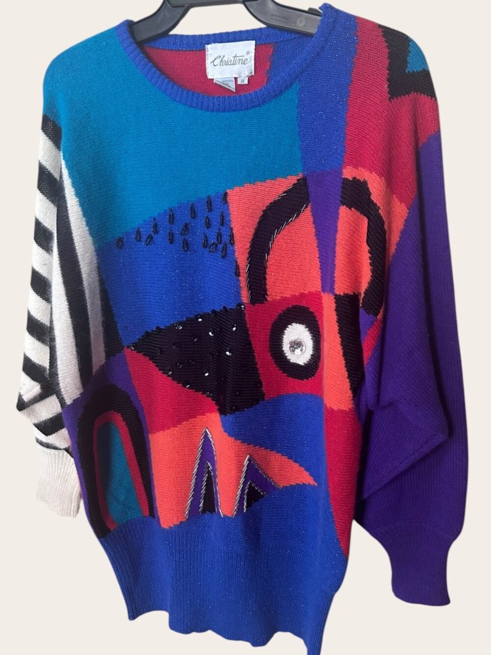 Vintage 80s Christine Abstract Art Sweater M Lambswool Angora Color Block Beaded